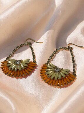 Vibrant Lime & Citrus Orange Beaded Fan Dangle Earrings with CZ Center 💎